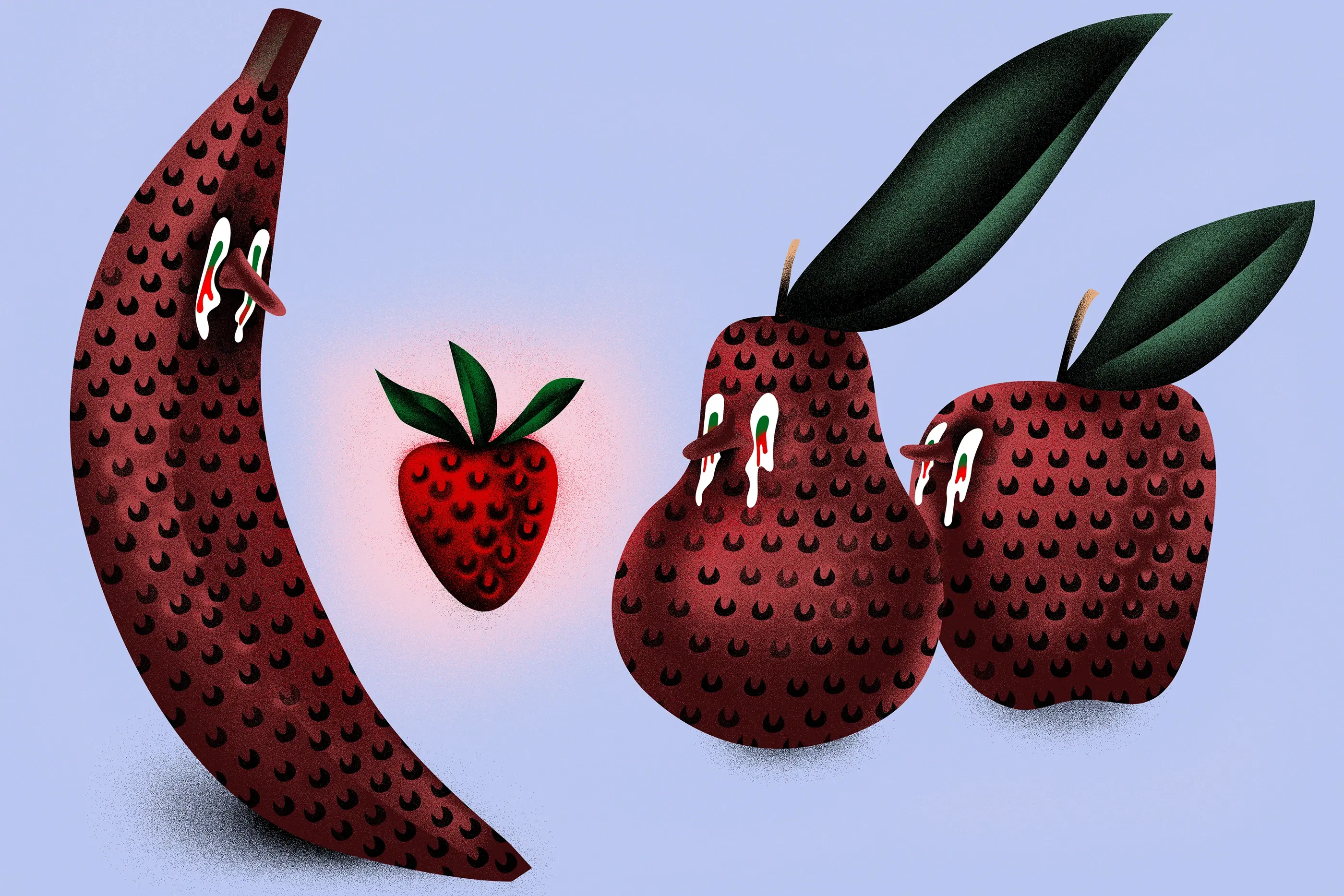 An illustration of four fruits: banana, strawberry, pear and apple. All fruits look at glowing strawbery
