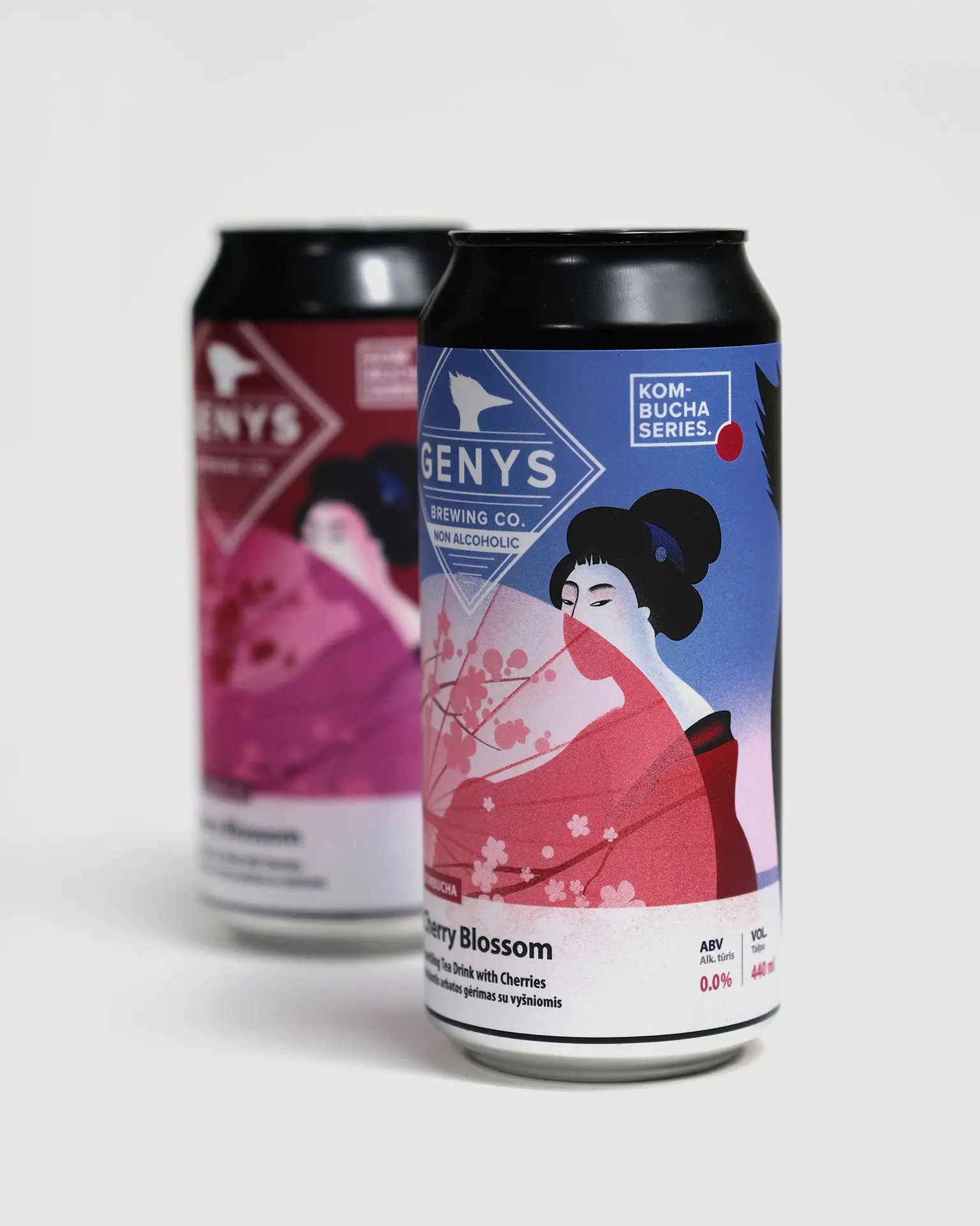 Photograph of the Cherry Blossom kombucha packaging made for Genys Brewing Co.