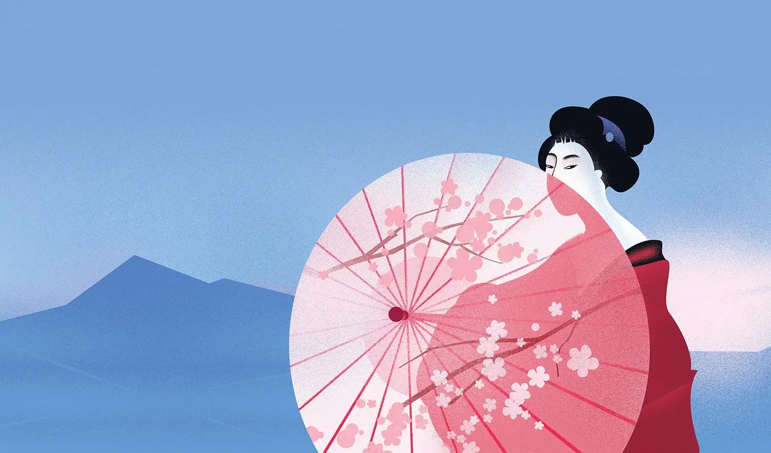 Cherry Blossom kombucha label illustration: a woman in a kimono holding a fan of cherry blossoms.