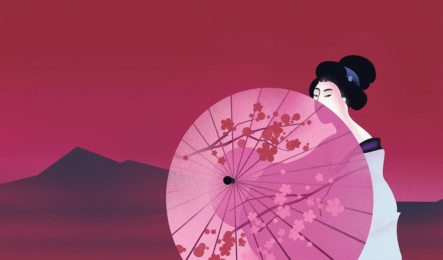 Cherry Blossom kombucha label illustration: a woman in a kimono holding a fan of cherry blossoms.