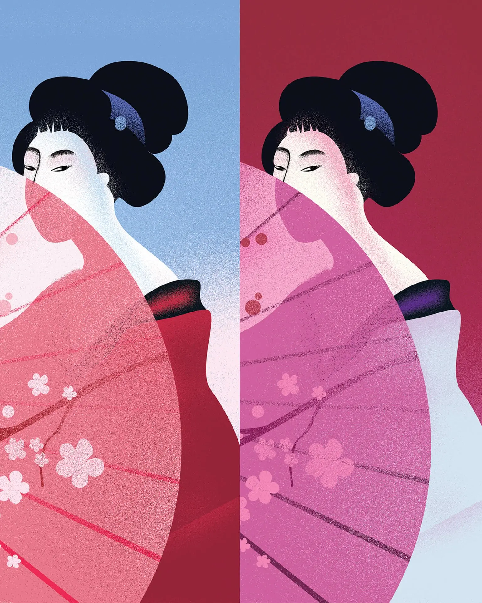 Cover artwork for the Cherry Blossom Kombucha project: a two-panel illustration of a woman in a kimono behind a large pink cherry-blossom fan, one panel on blue and one on crimson.