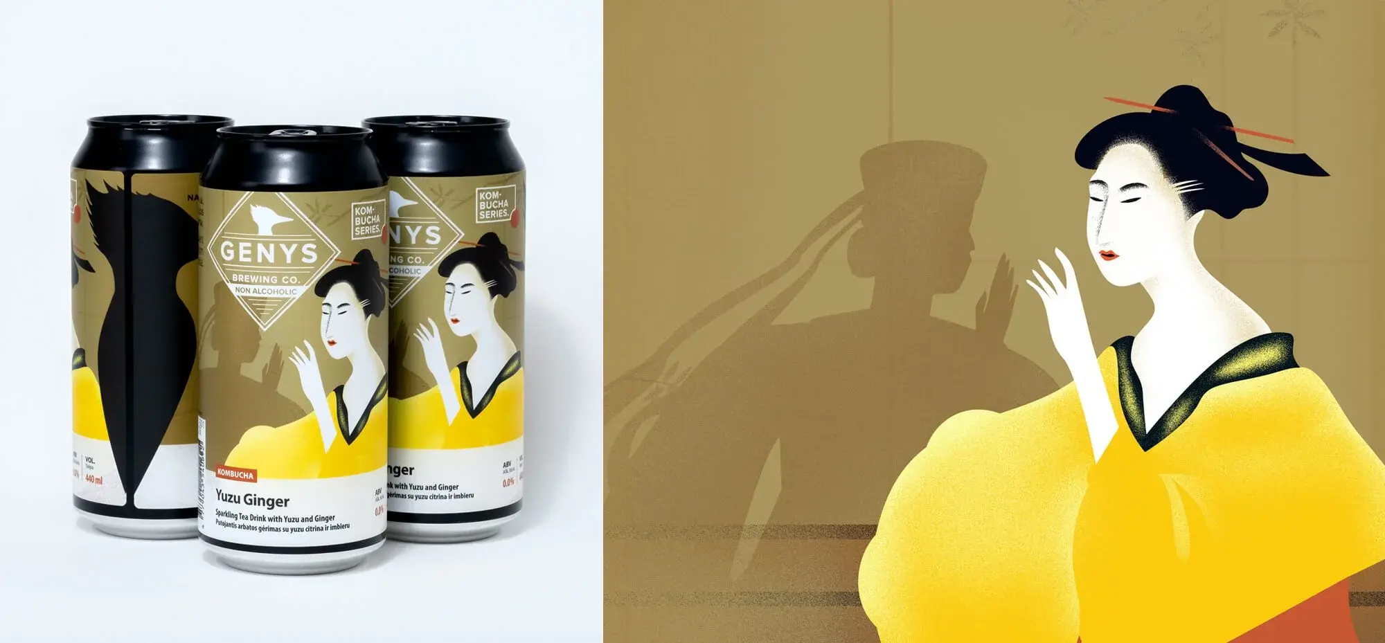 Mango Passion kombucha cans with a green label showing an illustrated woman in a flower crown.