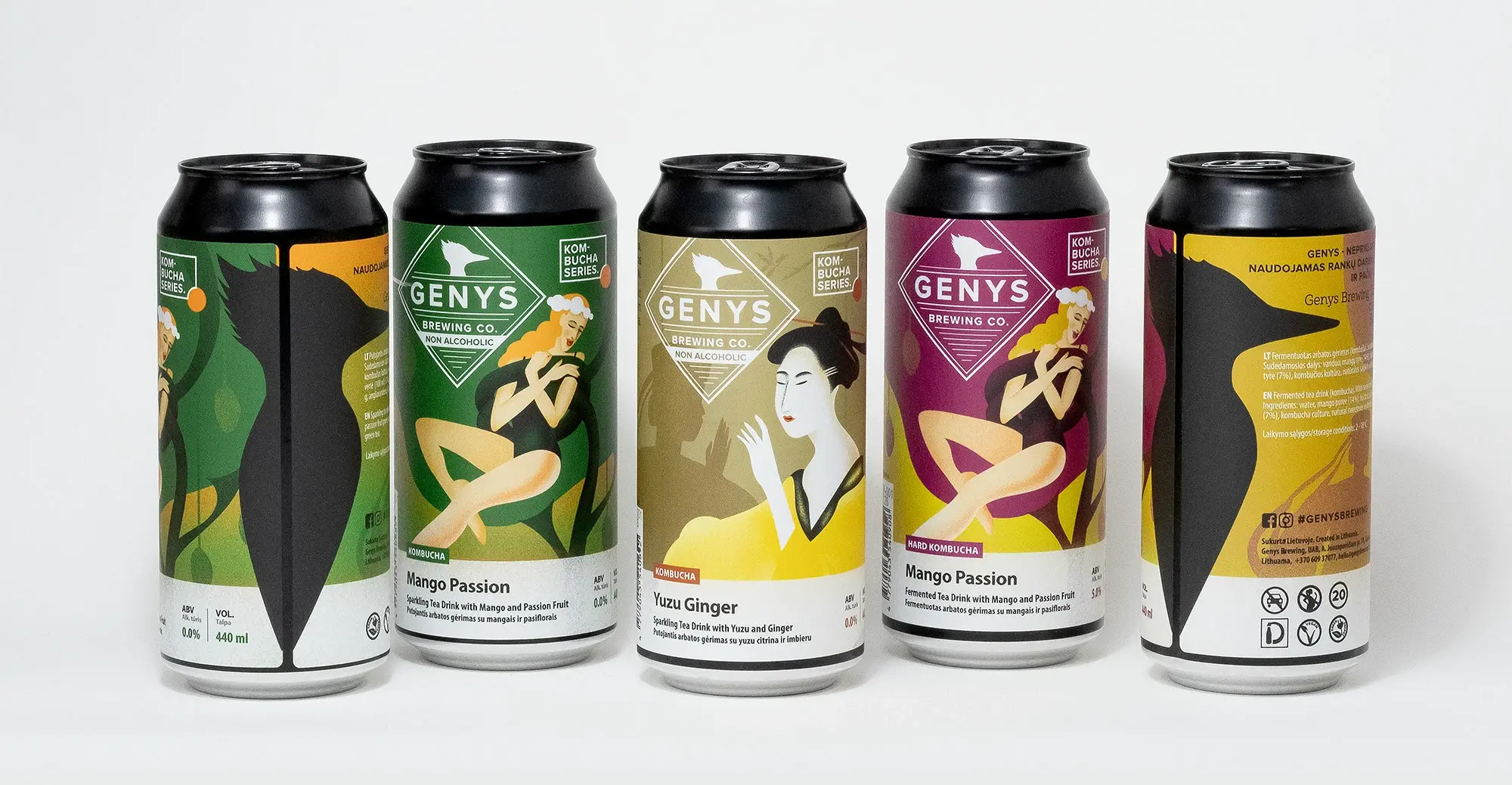 Cover artwork for the Kombucha Series project: three cans of Mango Passion kombucha with a green label showing a woman in a flower crown, on a pale grey background.