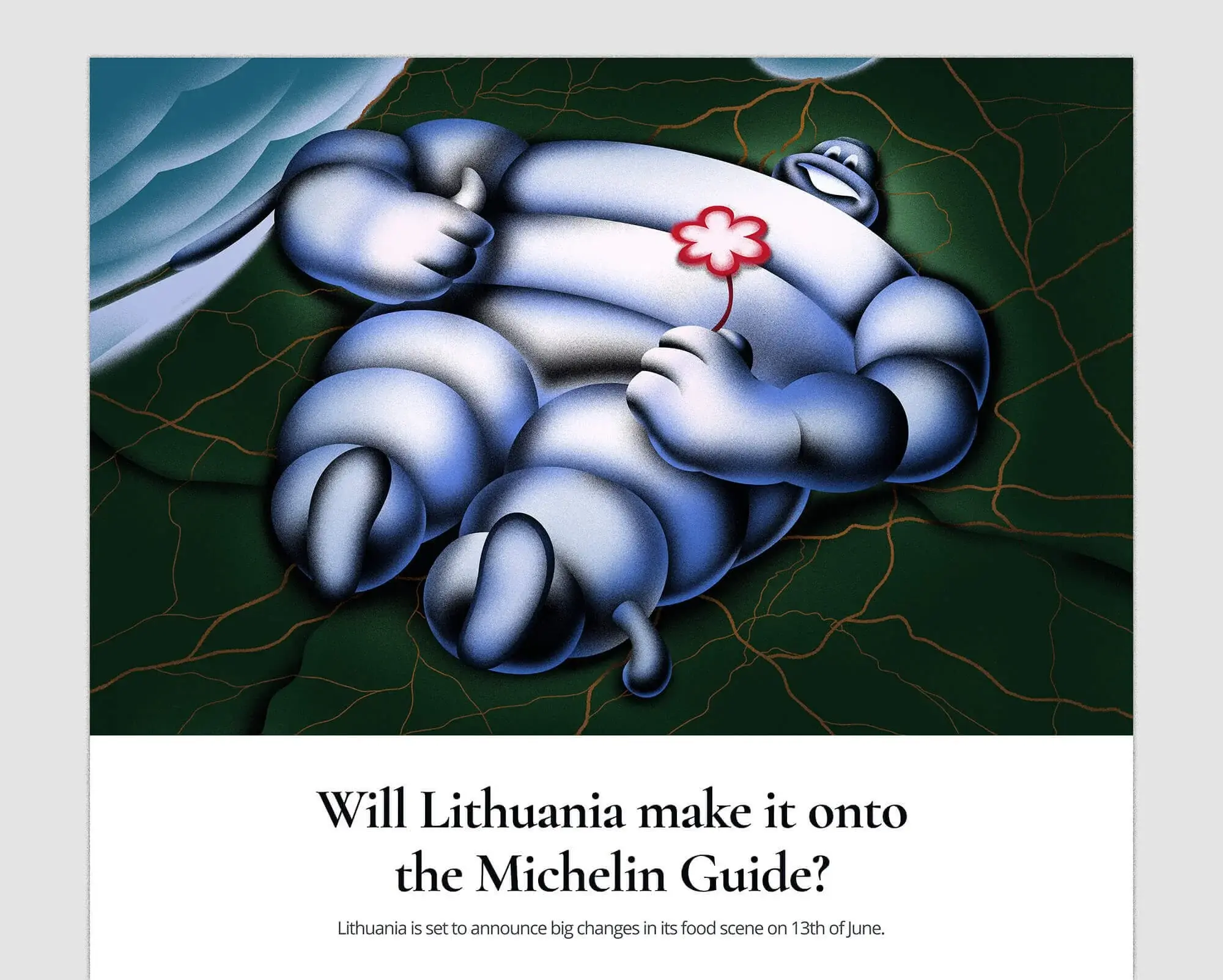 Michelin Man illustration: the Michelin Man lying back on a dark green landscape with gold contour lines, holding a small pink flower and giving a thumbs up. Title text: Will Lithuania make it onto the Michelin Guide?