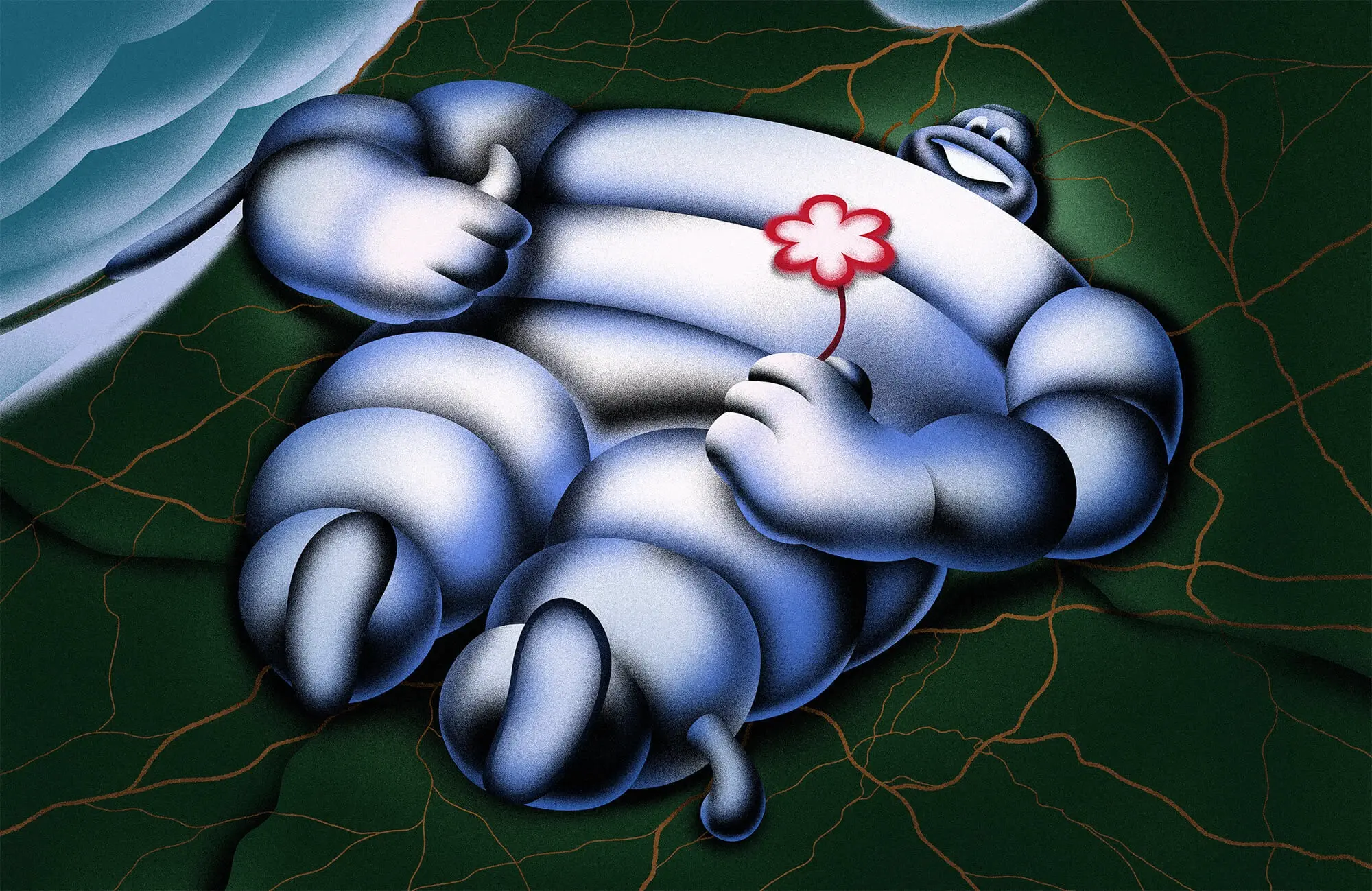 Cover artwork for the Michelin project: the Michelin Man lying back on a dark green landscape with gold contour lines, holding a small pink flower and giving a thumbs up. Title text: Will Lithuania make it onto the Michelin Guide?