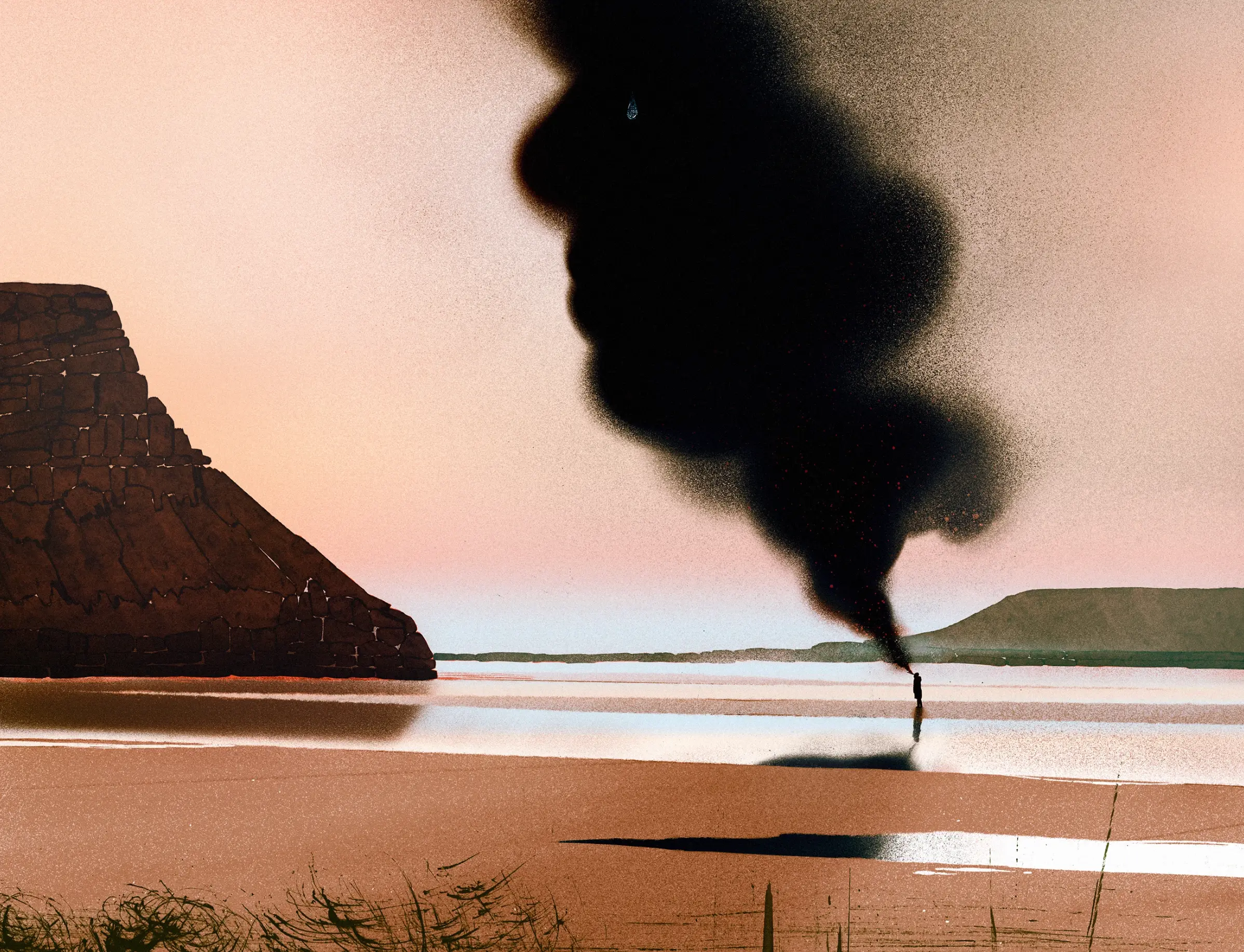 An illustration depicts Worms Head beach and person breathing out a smoke like cloud above his head in a shape of crying face
