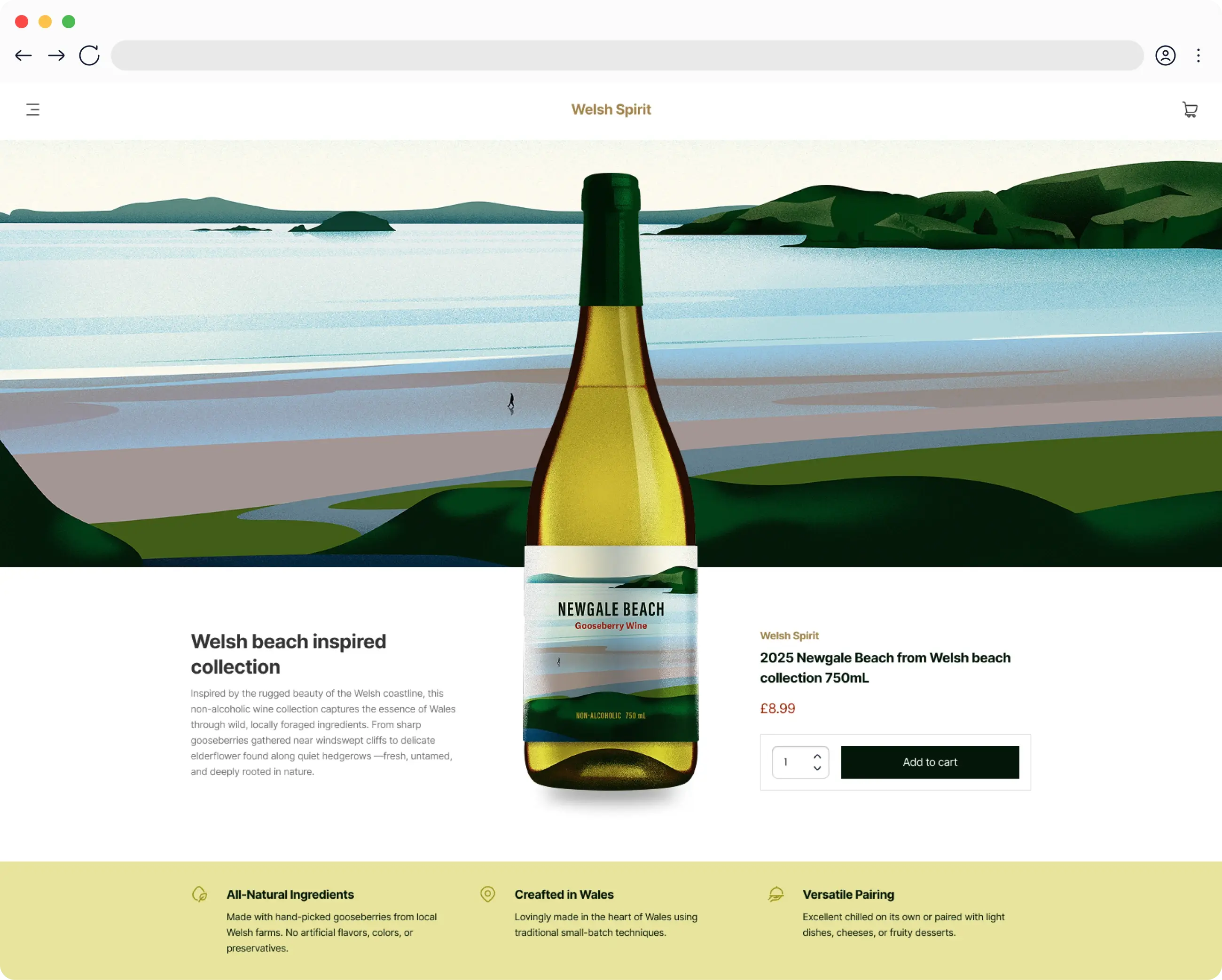 Speculative screenshot of a e-shop product page depicting the Newgale Beach Gooseberry Wine.