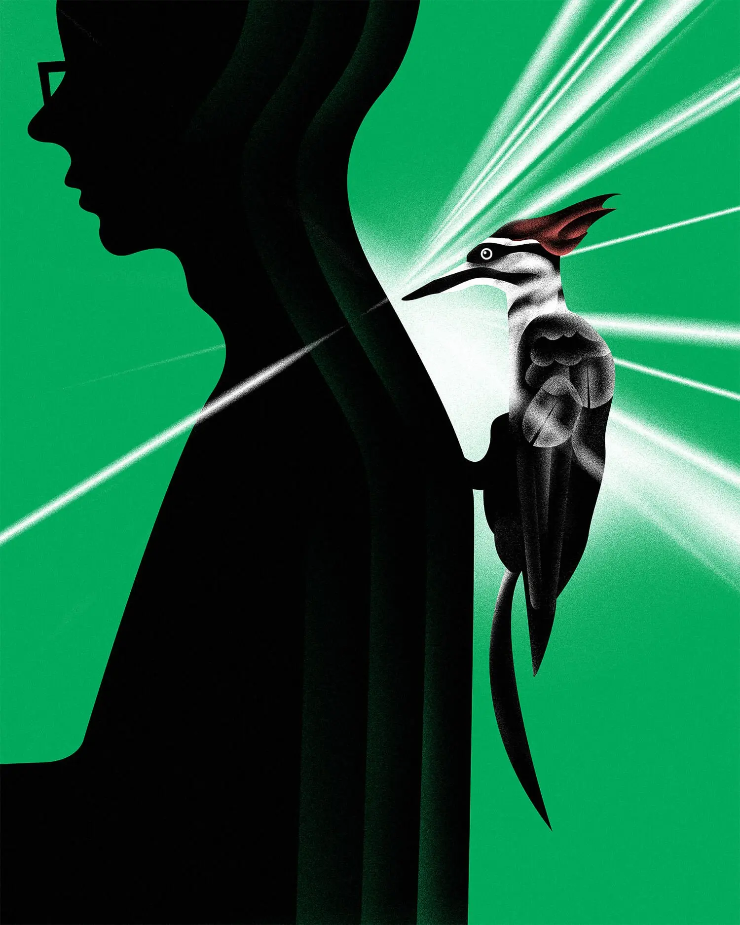Illustration depicts silhouette of a man and woodpecker knocking on his back