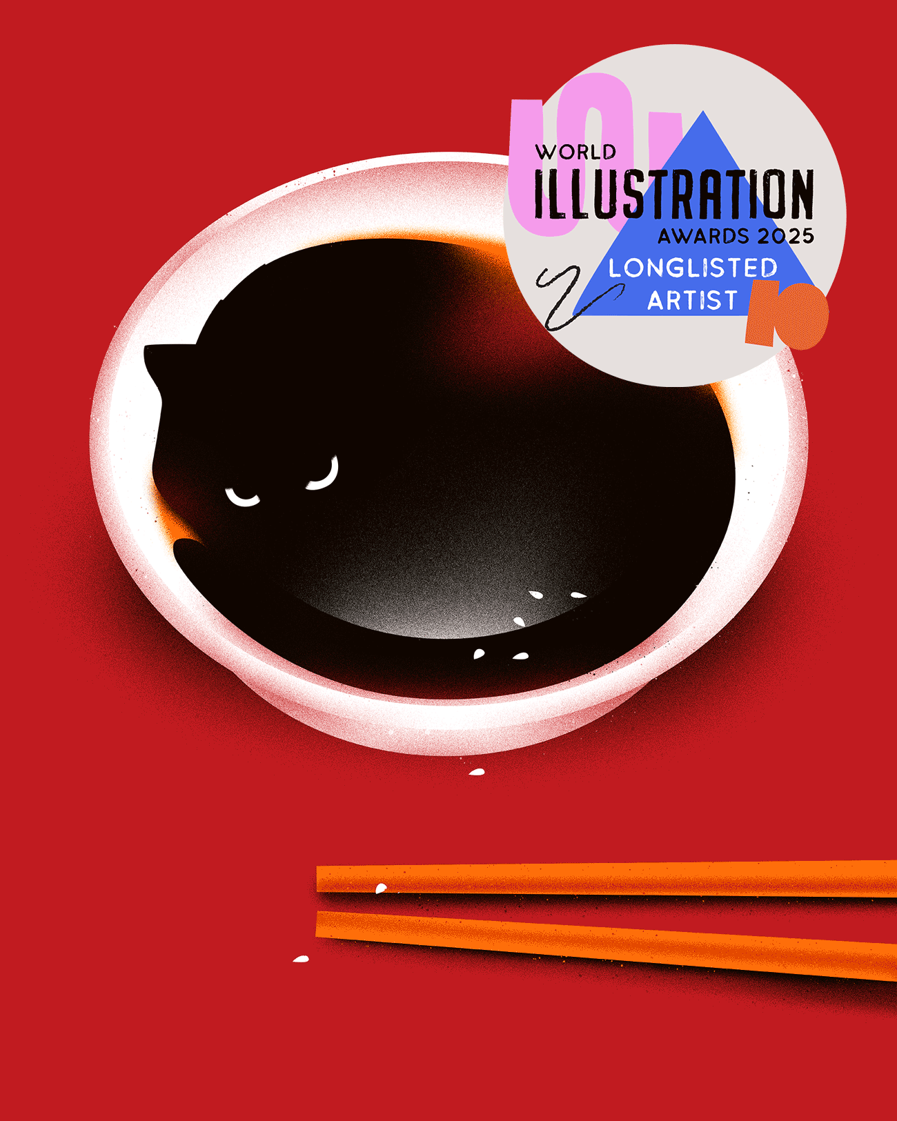 Cover artwork for the Soja the Cat project: a black cat curled up asleep in a white bowl of soy sauce on a red background, with orange chopsticks resting below.