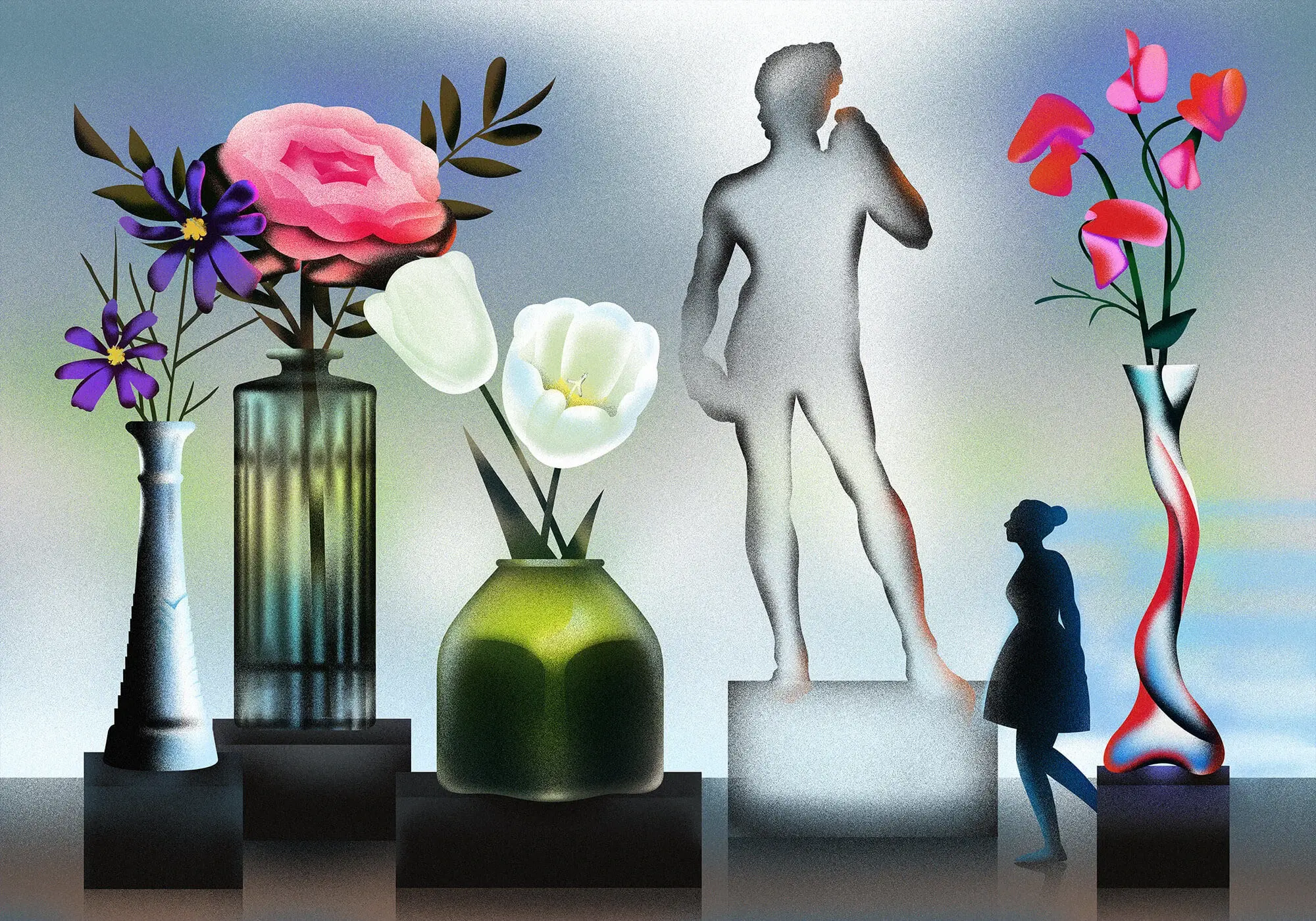 Cover artwork for the Spring Gallery project: flowers in glass and ceramic vases of different shapes on dark plinths, with a pale sculptural figure in the centre and a small woman standing at the right. Title text: Spring Gallery, embracing the Bohemian vibes of spring in Kaunas.
