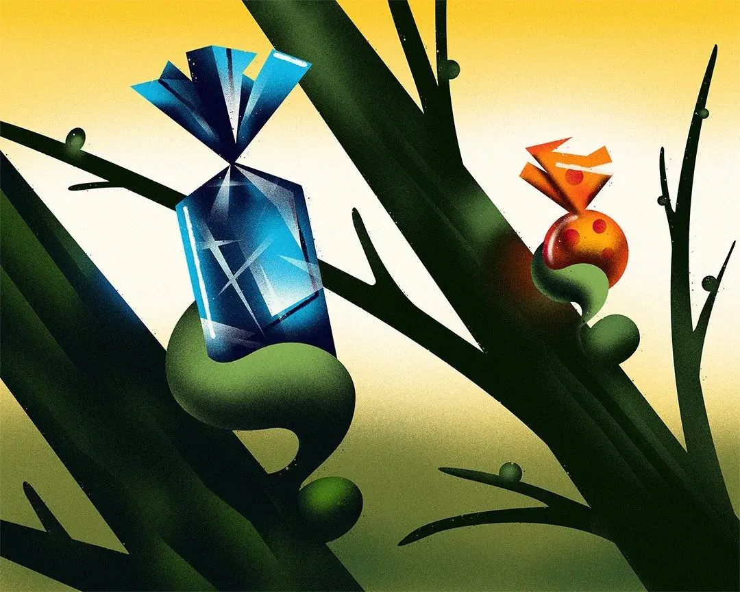 Illustration depicts two candies growing on branch of the tree