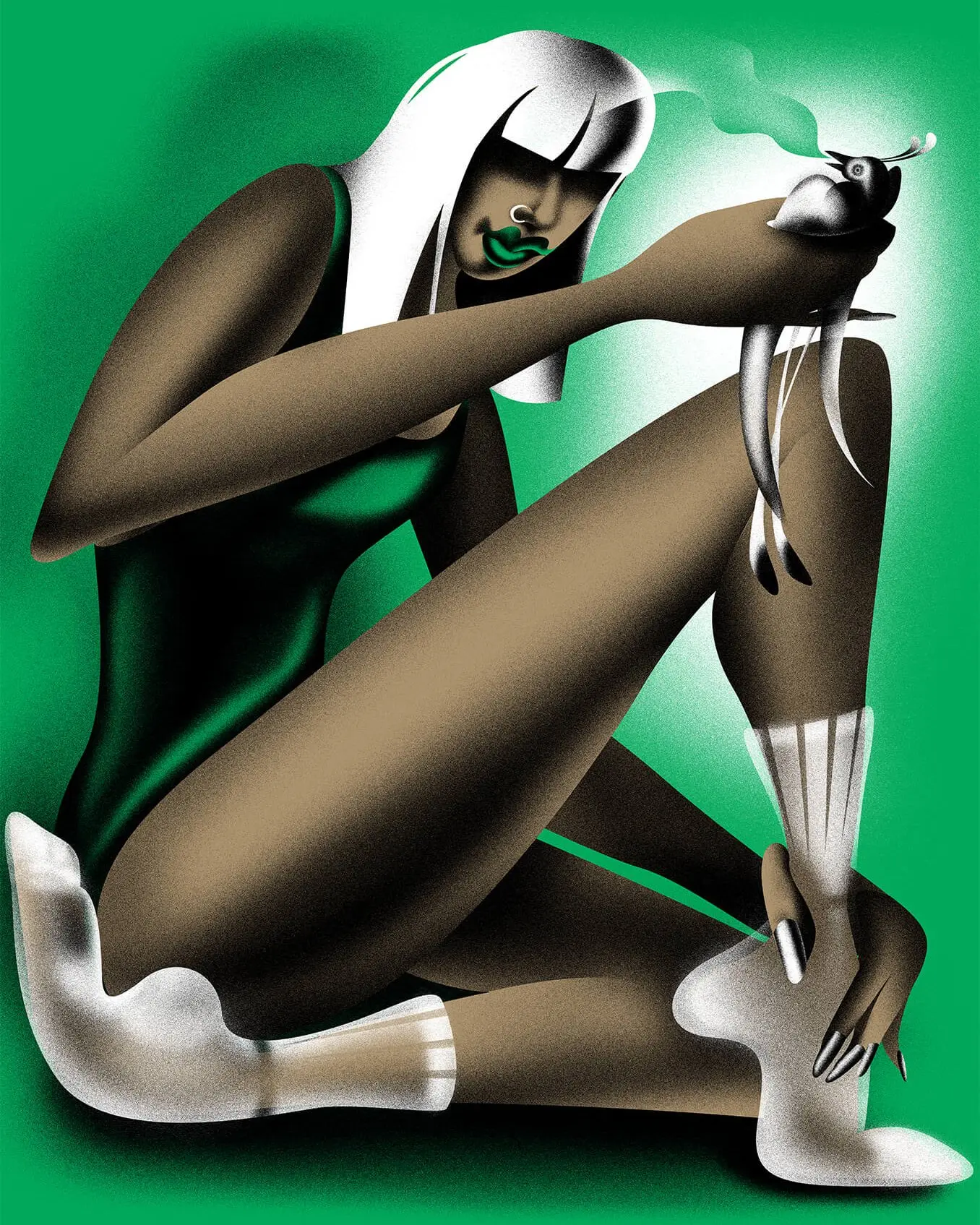 Illustration depicts woman holding a bird, which appears to be releasing its last breath