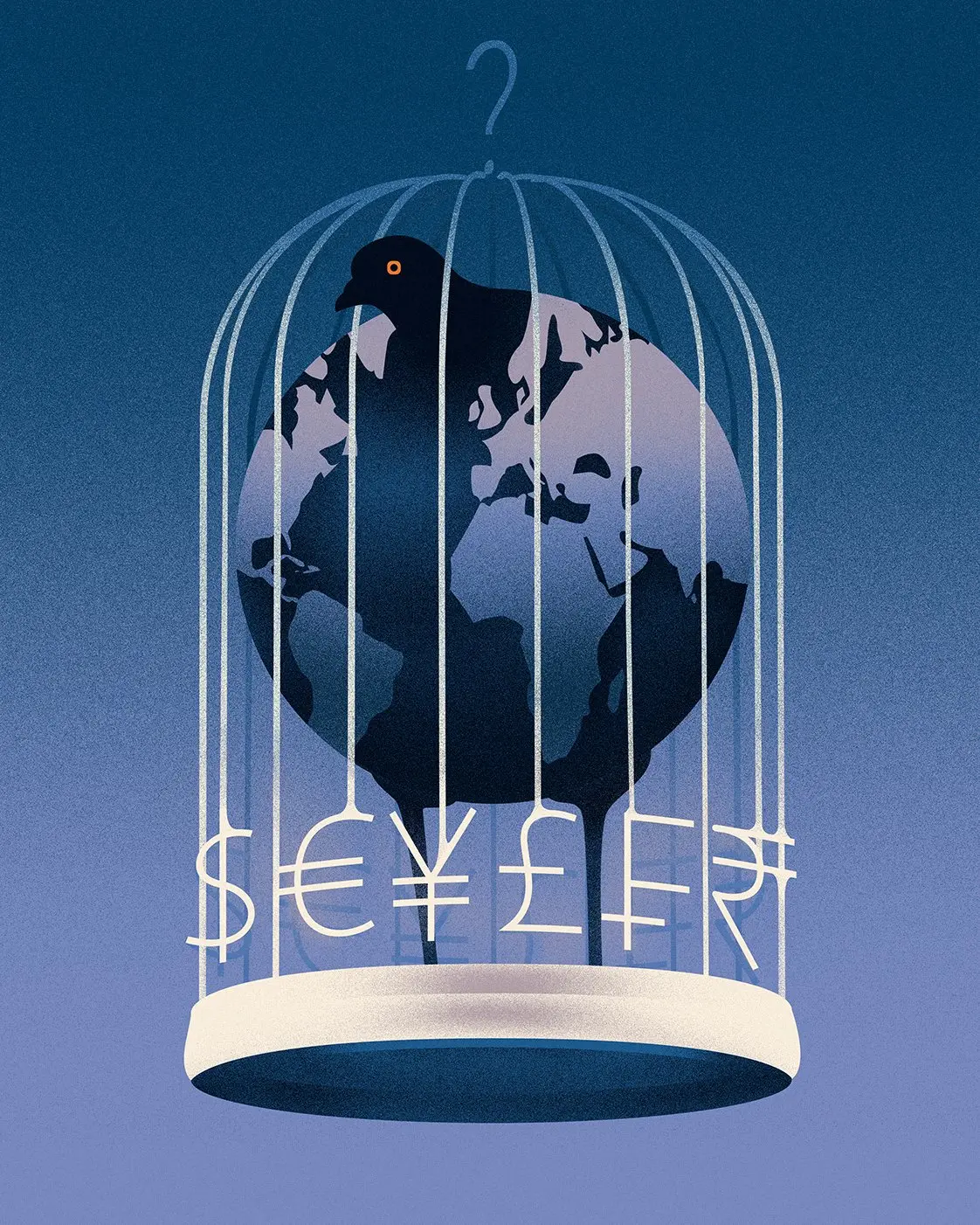 Illustration depicts fat pigeon in the cage, cage bars in a shape of currency symbols