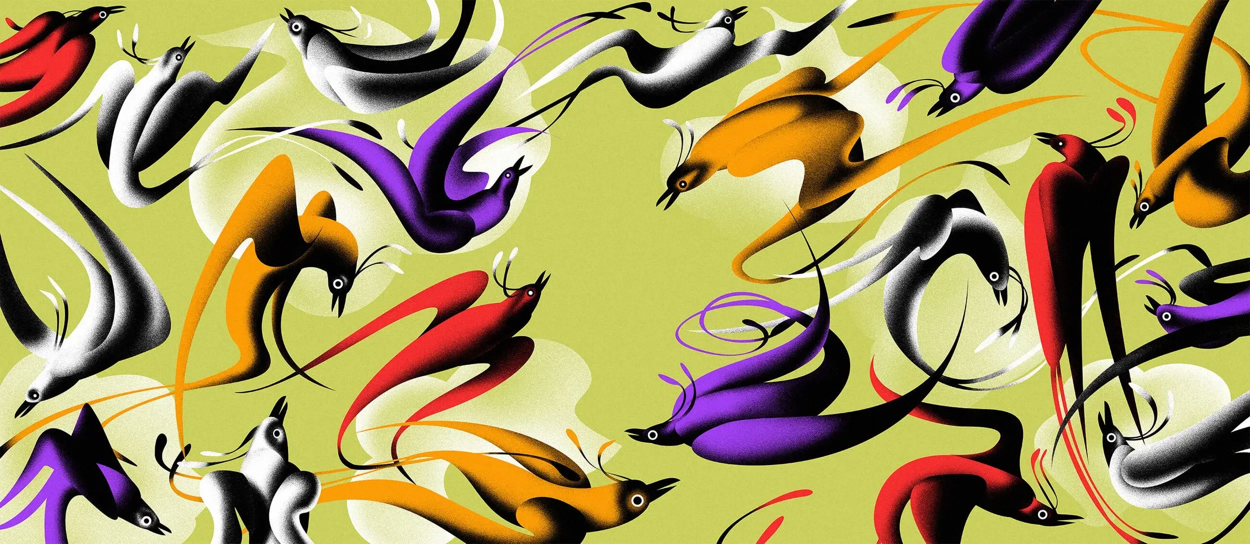 Illustration if a lot of colourful birds flying frantically in yellow noisy background