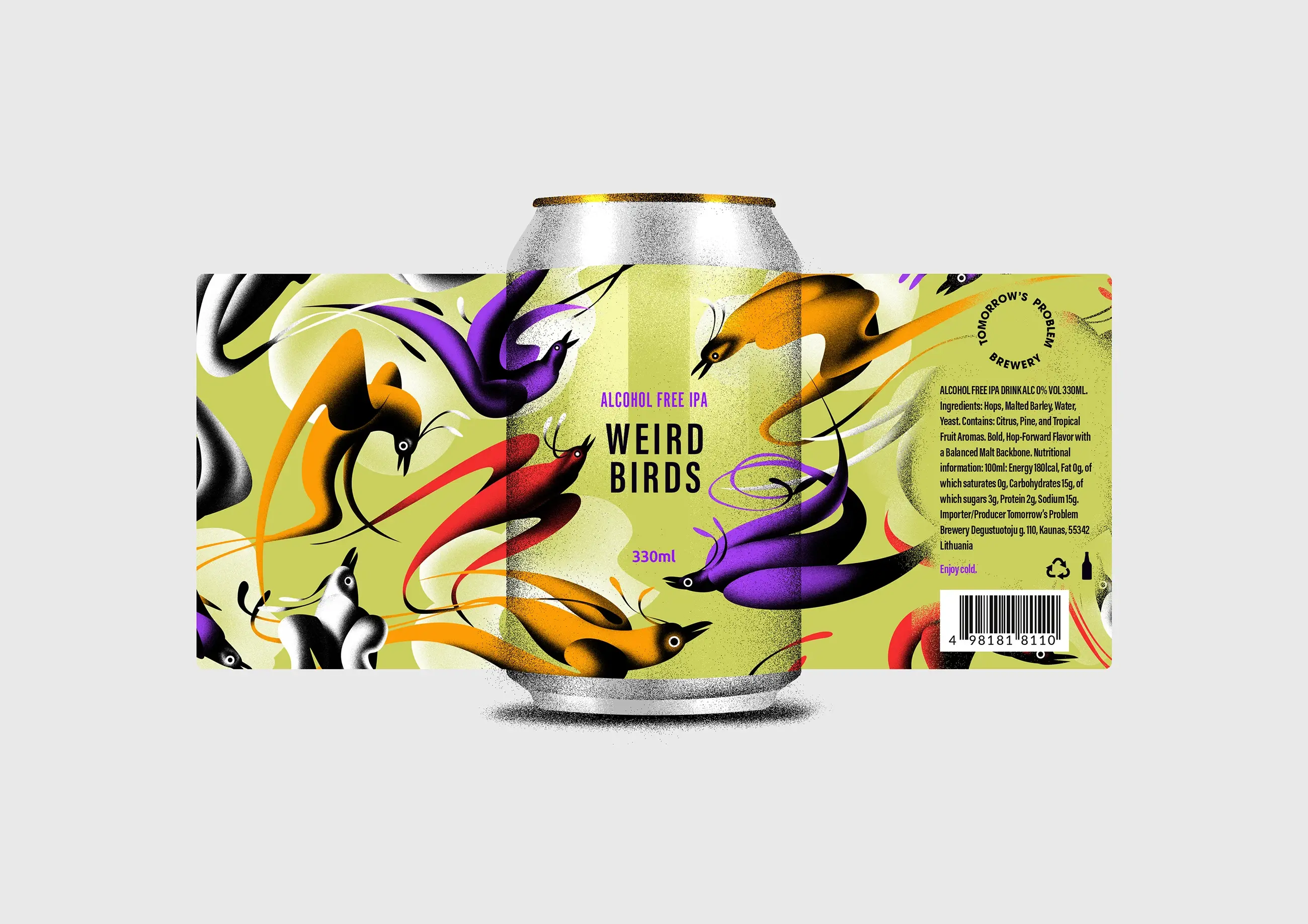A lable design and illustration depicting colourful birds flying frantically on the can label