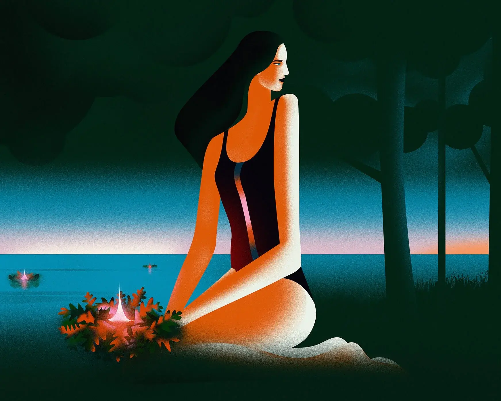Woman in a swimming suite siting near the lake holding Summer Solitice Wreath with candle in the center at dawn