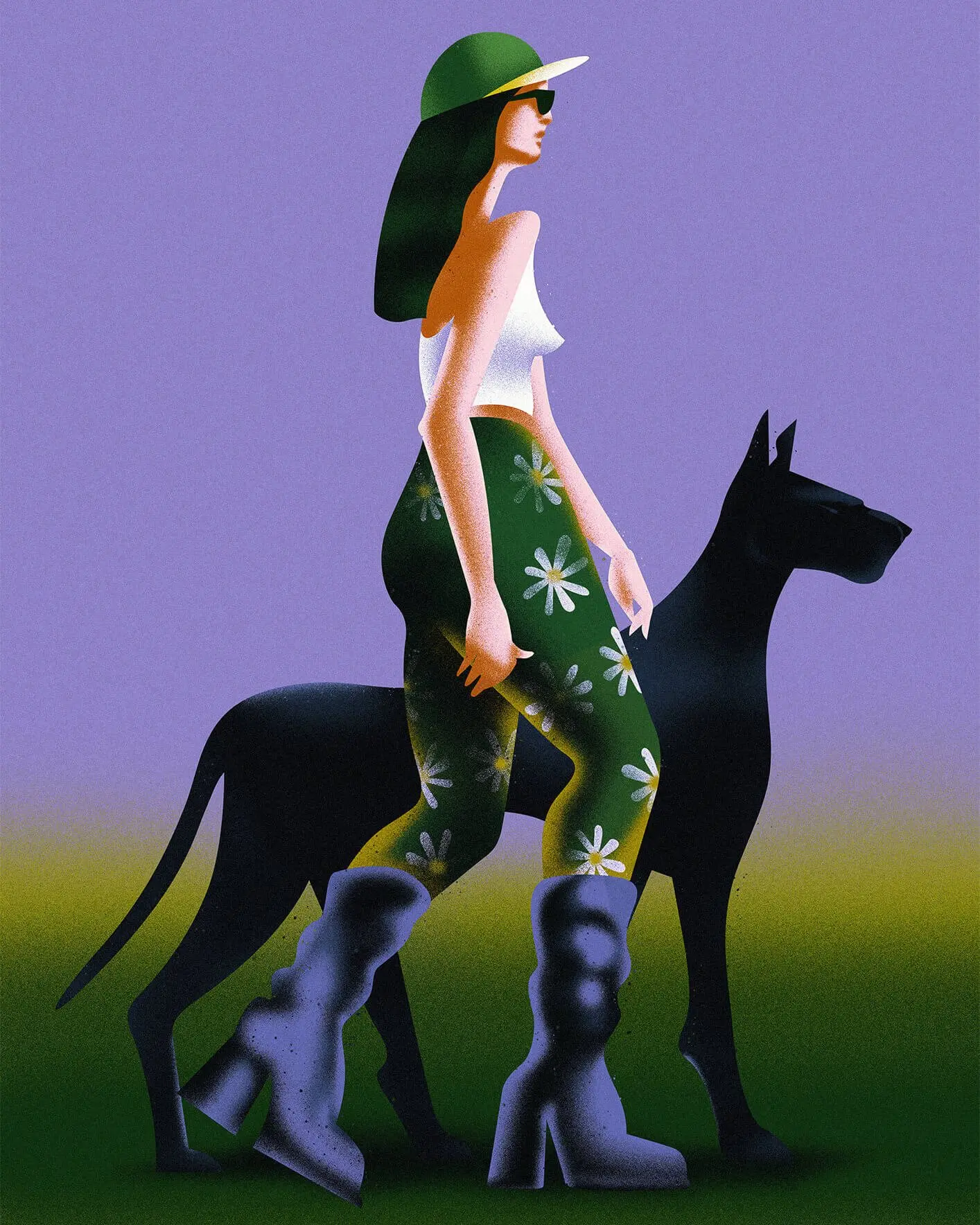 Illustration depicts woman walking alongside big black dog