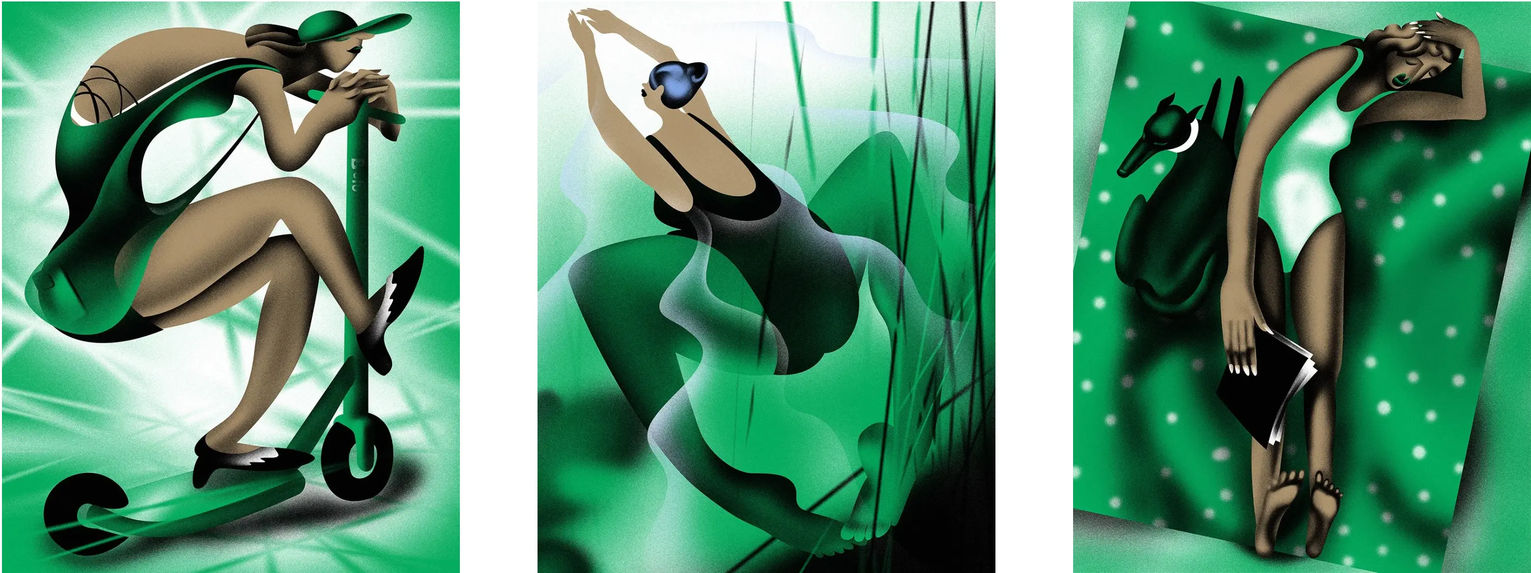 Three illustrations of women riding electric scooter, swimming, relaxing on a picknick blanket with a dog