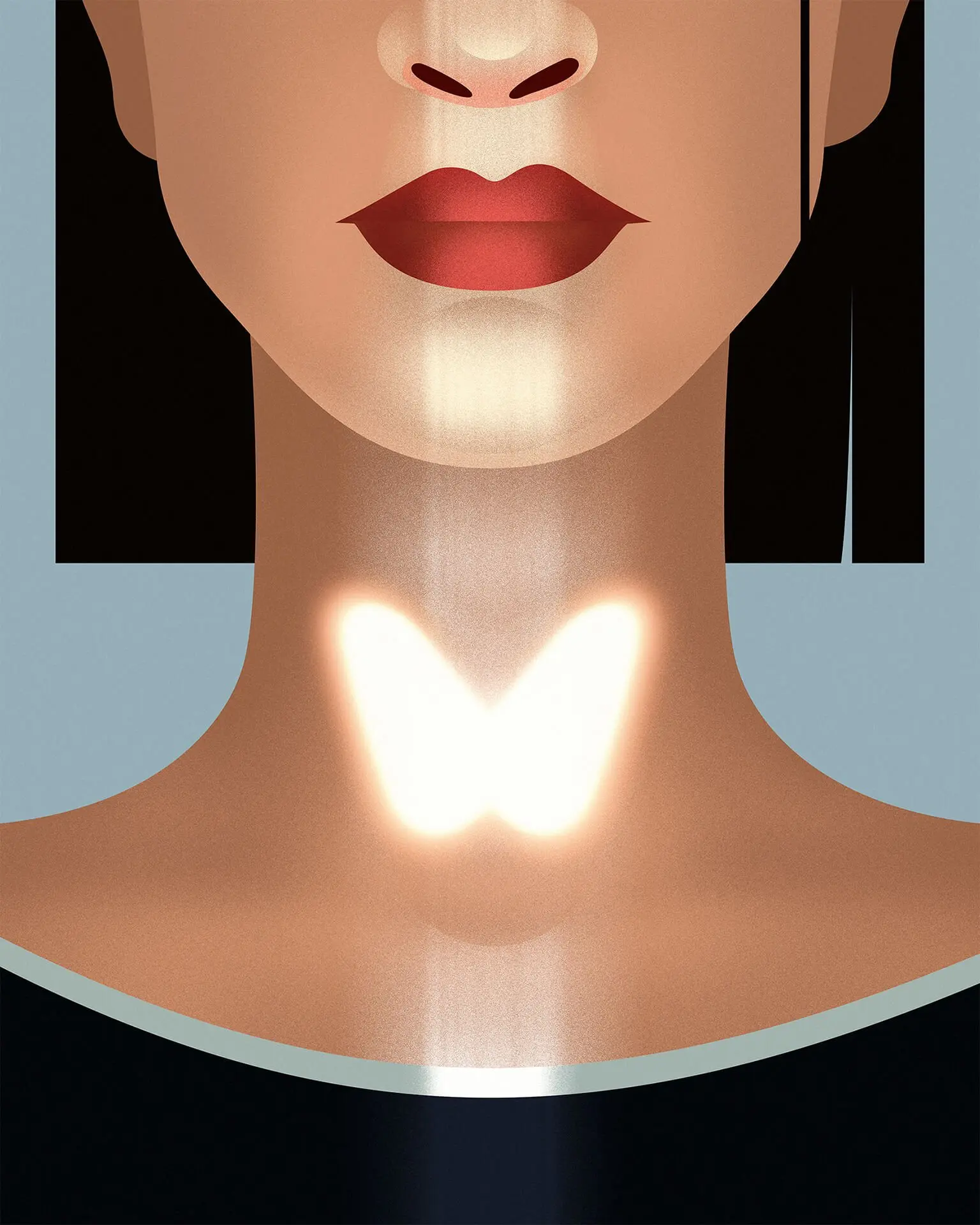 Illustration depicts a fragmented snap of a woman's neck in the shadow, the lighten part is in the shape of a butterfly